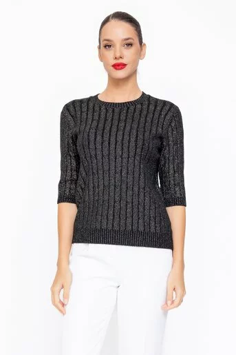 Bluză tricotată cu model opturi și fir lurex neagră BLU1104