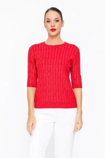 Bluză tricotată cu model opturi și fir lurex roșie BLU1104