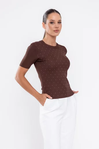 Bluză tricotată cu strasuri maro BKC0513