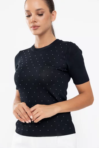 Bluză tricotată cu strasuri neagră BKC0513