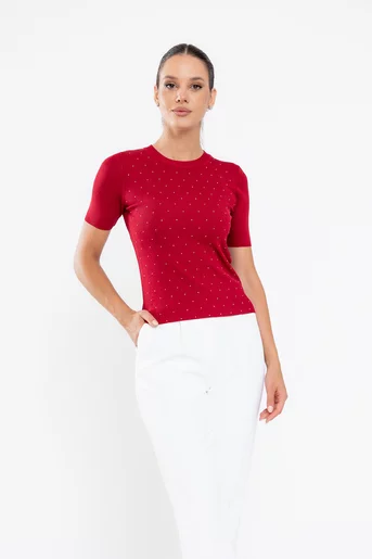 Bluză tricotată cu strasuri roșie BKC0513