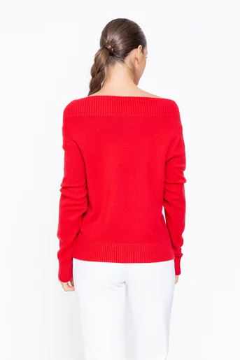 Bluză tricotată decolteu bărcuță decorată cu pietre roșie BDM1106