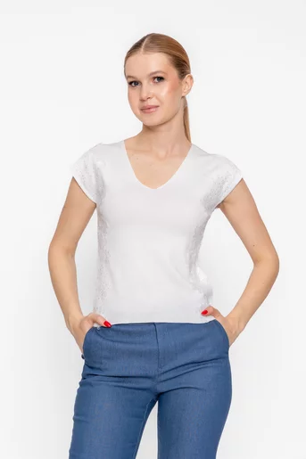 Bluză tricotată în v cu broderie ivory BSUN60305