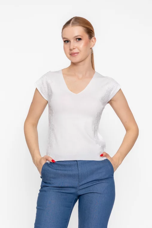 Bluză tricotată în v cu broderie ivory BSUN60305 thumbnail picture - 