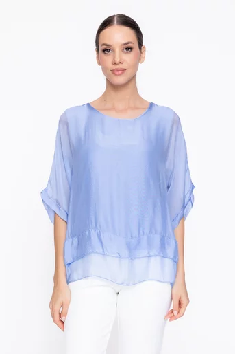 Bluză uni din mătase cu volane bleu BDP60307