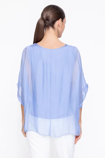 Bluză uni din mătase cu volane bleu BDP60307