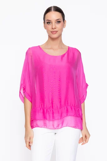 Bluză uni din mătase cu volane fucsia BDP60307