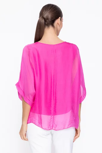 Bluză uni din mătase cu volane fucsia BDP60307