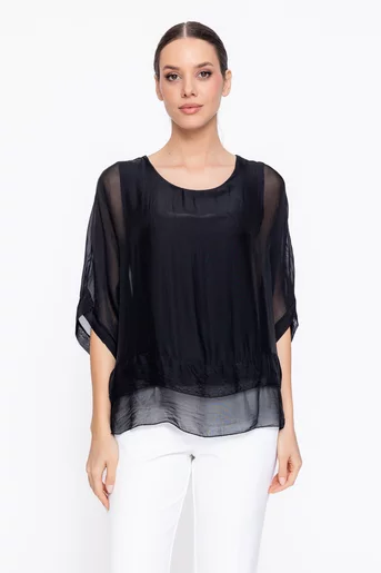 Bluză uni din mătase cu volane neagră BDP60307