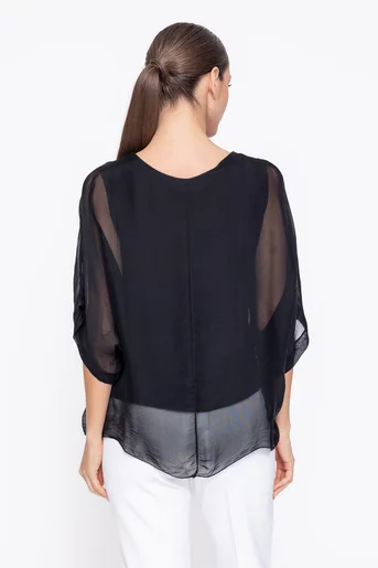 Bluză uni din mătase cu volane neagră BDP60307