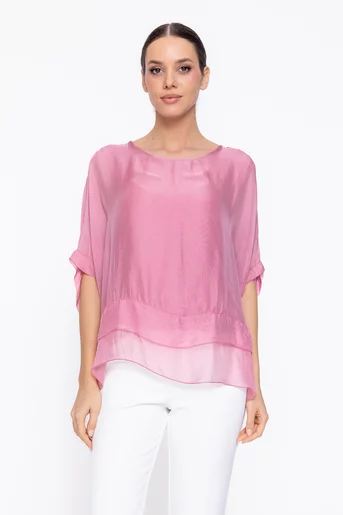 Bluză uni din mătase cu volane roz BDP60307