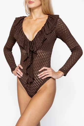 Body dantelat cu volane maro BLO1009
