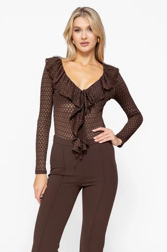 Body dantelat cu volane maro BLO1009