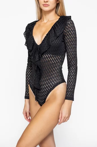 Body dantelat cu volane negru BLO1009