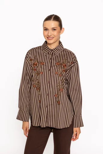 Cămașă oversize din bumbac în dungi cu broderie maro BLM60801