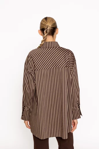 Cămașă oversize din bumbac în dungi cu broderie maro BLM60801