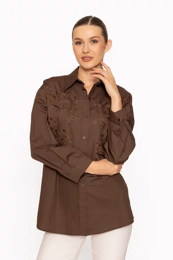 Cămașă oversize din bumbac cu broderie maro BLM60801
