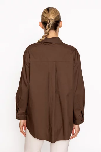 Cămașă oversize din bumbac cu broderie maro BLM60801