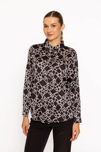 Cămașă satinată impriemu geometric alb-negru BRS60802