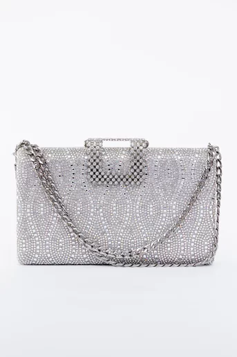 Clutch elegant argintiu decorat cu strasuri PAS0912