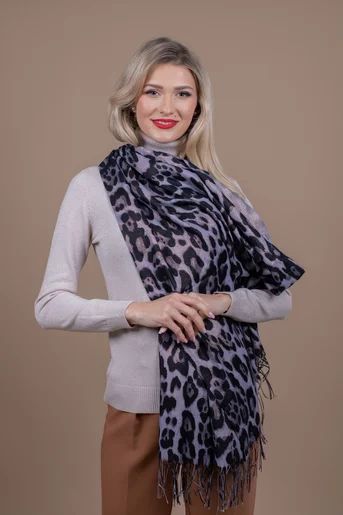 Eșarfă animal print cu franjuri gri EGK1113