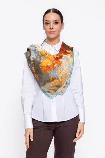 Eșarfă imprimata din satin turcoaz EGK60208