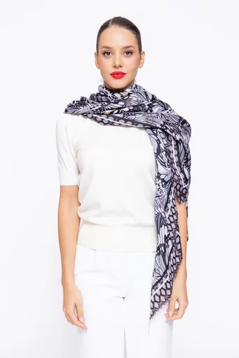 Eșarfă imprimeu fluturi gri EGK1119