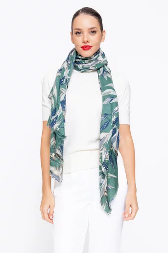 Eșarfă imprimeu frunze verde EGK1114