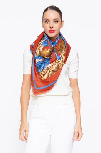 Eșarfă maxi imprimeu frunze teracotă EGK1107
