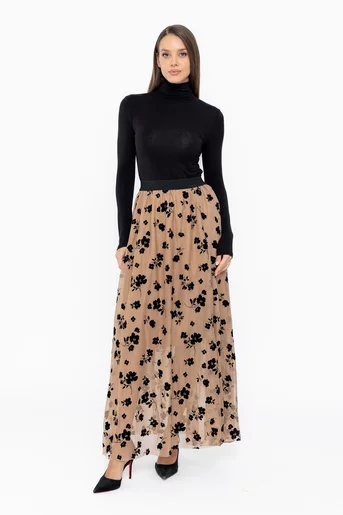 Fustă maxi din tulle bej cu flori F3517