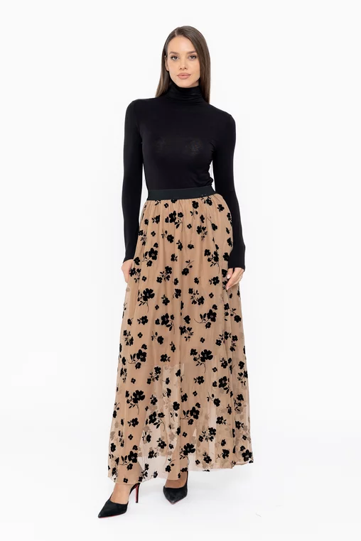 Fustă maxi din tulle bej cu flori F3517 thumbnail picture - 