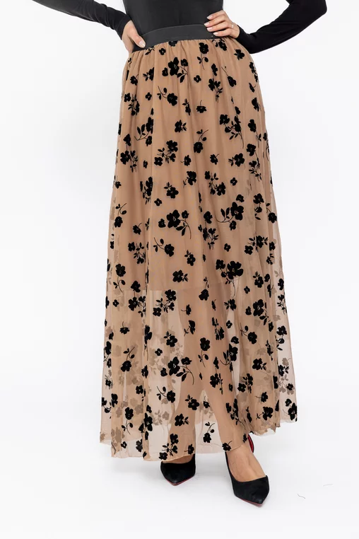 Fustă maxi din tulle bej cu flori F3517 thumbnail picture - 