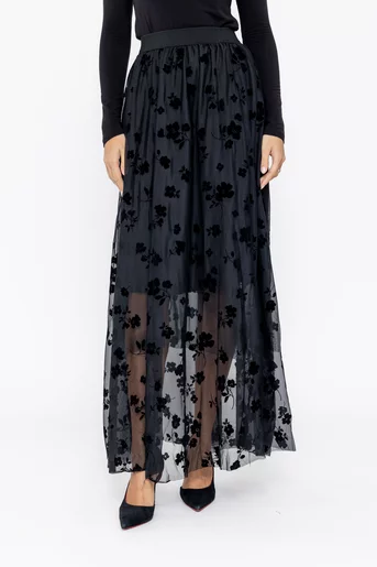 Fustă maxi din tulle neagra cu flori F3517