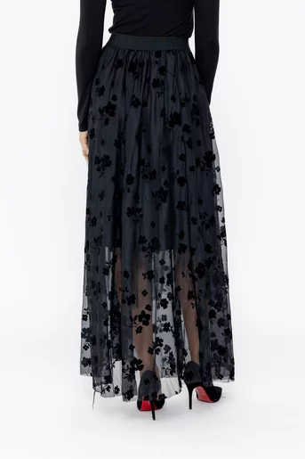 Fustă maxi din tulle neagra cu flori F3517