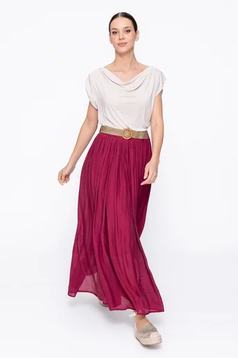 fustă maxi plisată cu curea burgundy FLA60302