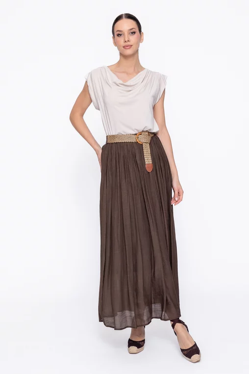 Fustă maxi plisată cu curea maro FLA60302 thumbnail picture - 