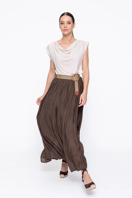 Fustă maxi plisată cu curea maro FLA60302 thumbnail picture - 