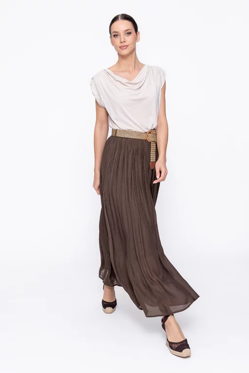 Fustă maxi plisată cu curea maro FLA60302 thumbnail picture - 
