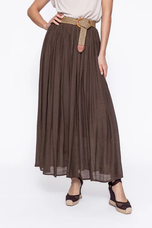 Fustă maxi plisată cu curea maro FLA60302 thumbnail picture - 