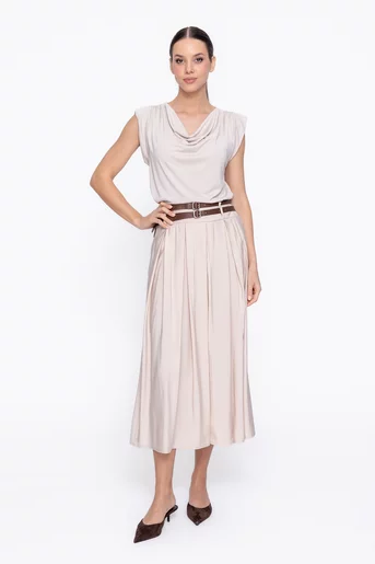 Fustă midi cu pliuri și curea dublă bej FKC60301