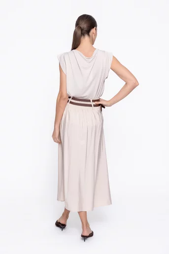 Fustă midi cu pliuri și curea dublă bej FKC60301