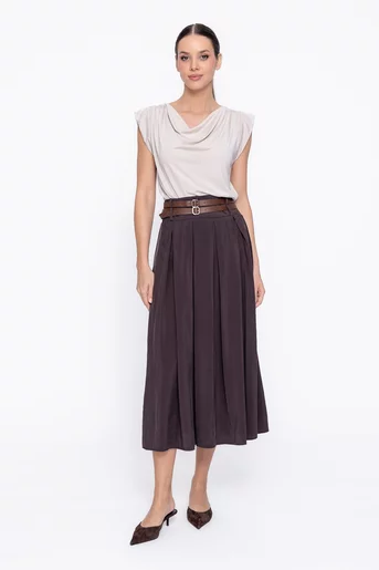 Fustă midi cu pliuri și curea dublă maro FKC60301