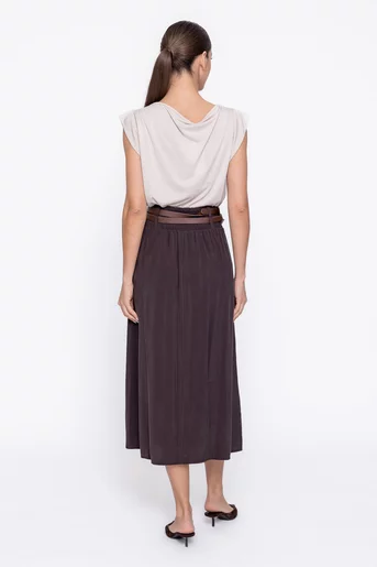Fustă midi cu pliuri și curea dublă maro FKC60301