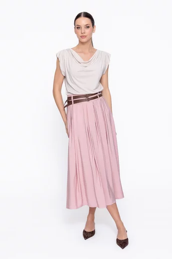 Fustă midi cu pliuri și curea dublă roz FKC60301