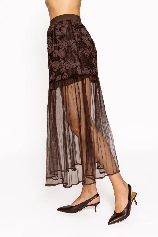 Fustă midi din tulle cu aplicatii florale maro FLM60801 thumbnail picture - 