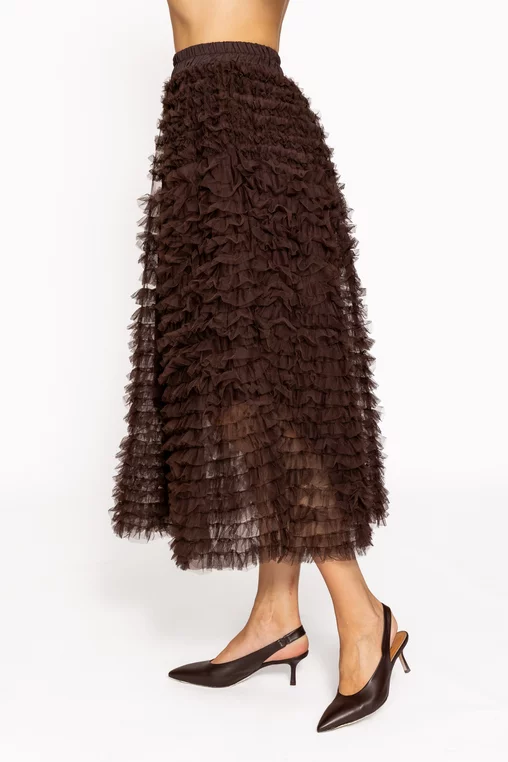 Fustă midi din tulle cu volane maro FLM60802 thumbnail picture - 