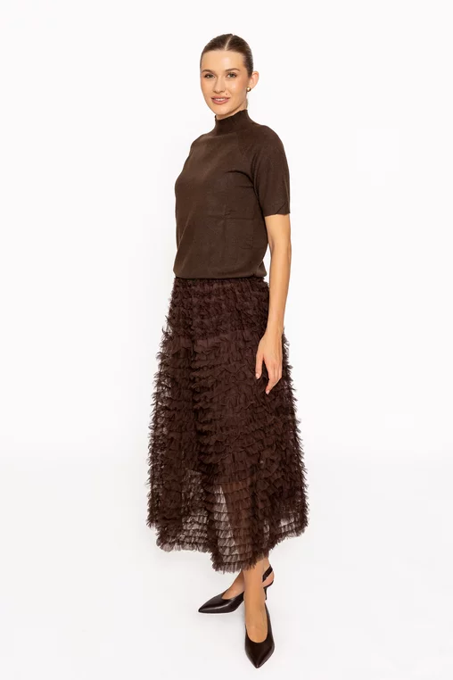 Fustă midi din tulle cu volane maro FLM60802 thumbnail picture - 