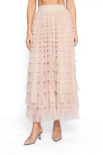 Fustă midi din tulle cu volane multiple bej FDP60201