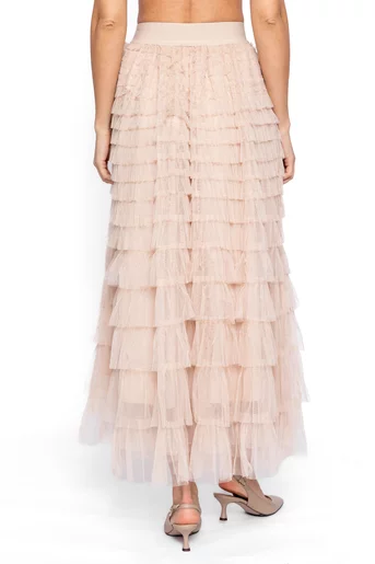 Fustă midi din tulle cu volane multiple bej FDP60802