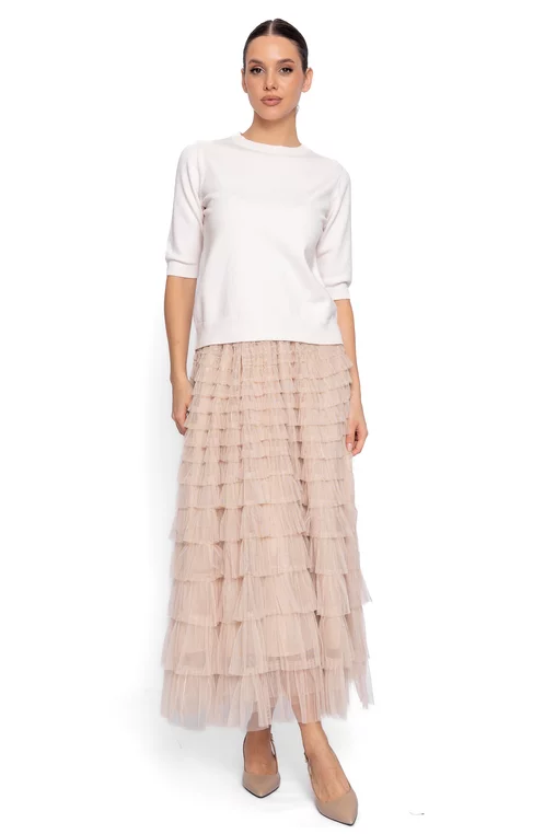 Fustă midi din tulle cu volane multiple bej FDP60802 thumbnail picture - 